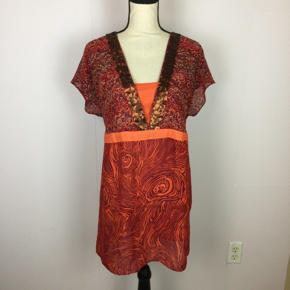 Venezia Tunic Top Blouse Womens Plus 18/20 Orange Red Paisley Sequins V-Neck